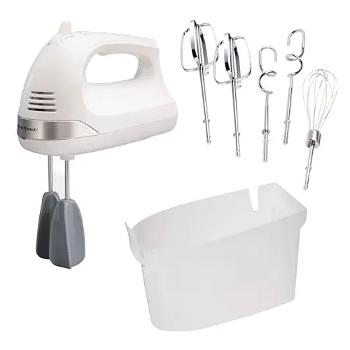 Hamilton Beach white hand mixer with snap-on storage case and multiple attachments