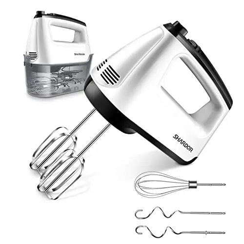 SHARDOR white electric hand mixer with transparent storage case