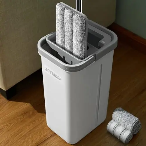 JOYMOOP white flat mop and bucket system with microfiber pads