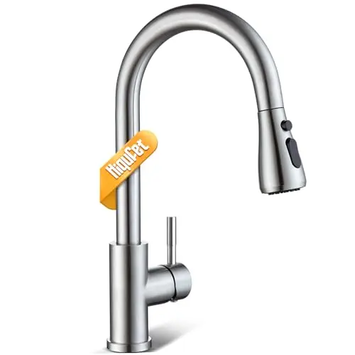 Hiqufet pull down kitchen faucet in brushed nickel with 360-degree rotation