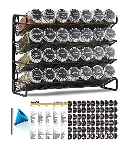 Black 4-tier spice rack with 28 glass jars and labels