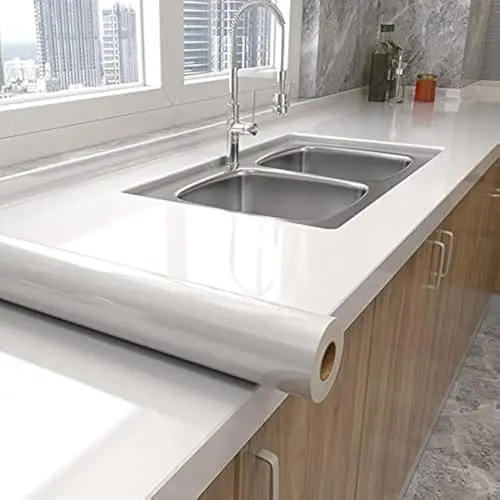 Shiny white peel and stick wallpaper for kitchen cabinets