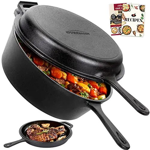 Overmont cast iron Dutch oven with dual-use skillet lid