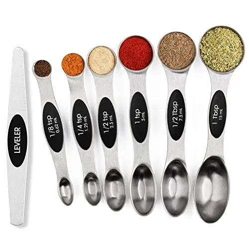 BIDFUL magnetic measuring spoons set showing stacked stainless steel spoons with dual-sided design