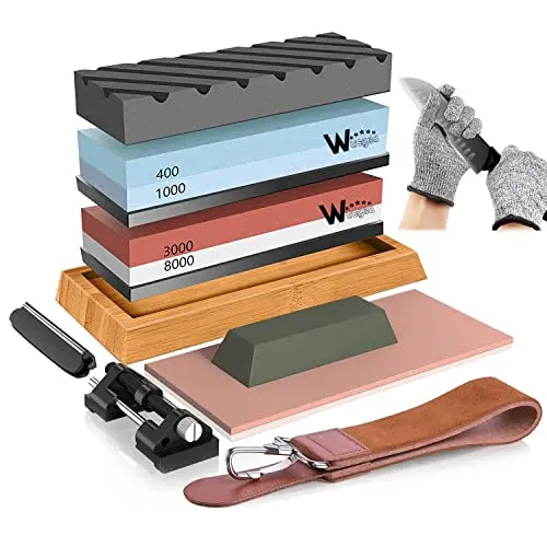 wucgea whetstone kit with multiple stones, base, and cut-resistant gloves