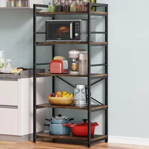 Denkee 5-tier bakers rack in rustic brown showing appliance storage