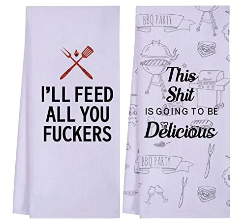 LXOMILL funny BBQ themed kitchen towels