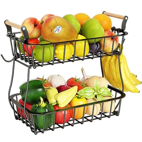 ANTOPY 2-tier metal fruit basket with banana hangers on kitchen counter