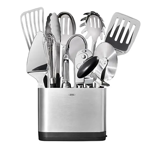 OXO Steel 15-piece stainless steel kitchen utensil set with non-slip grips