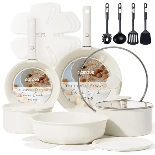 CAROTE cookware set with detachable handles on gas stove