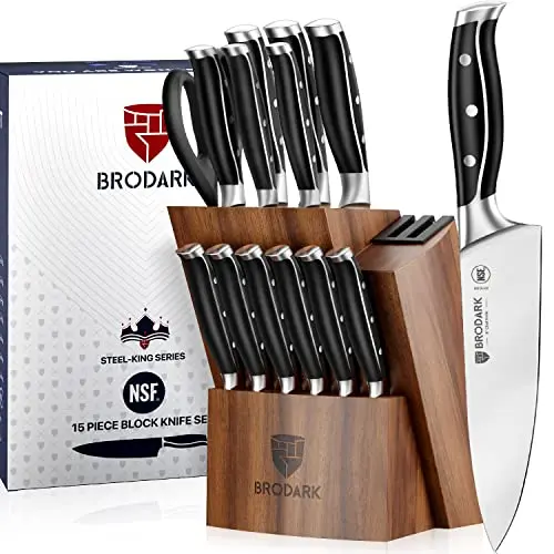 BRODARK full tang kitchen knife set with acacia wood block