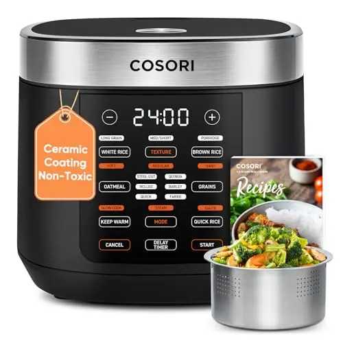 COSORI rice cooker with black finish and digital display