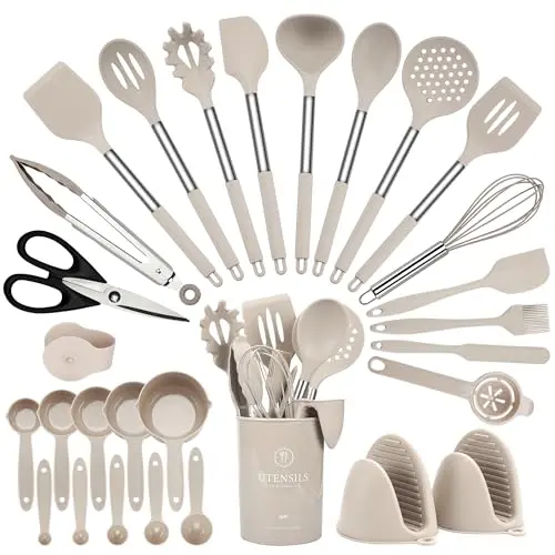 Hvygss 28-piece silicone cooking utensils set with khaki coloring