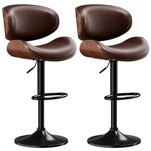 Aowos mid-century modern bar stool with brown PU leather and footrest