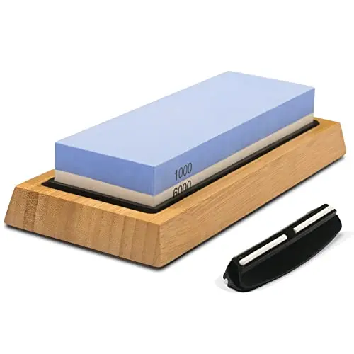 ZGQOOFA dual-sided whetstone with bamboo base and angle guide