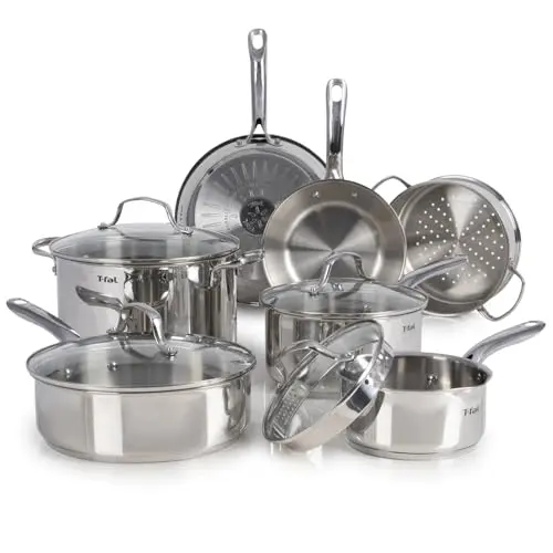 T-fal 11-piece stainless steel cookware set with fry pans and saucepans