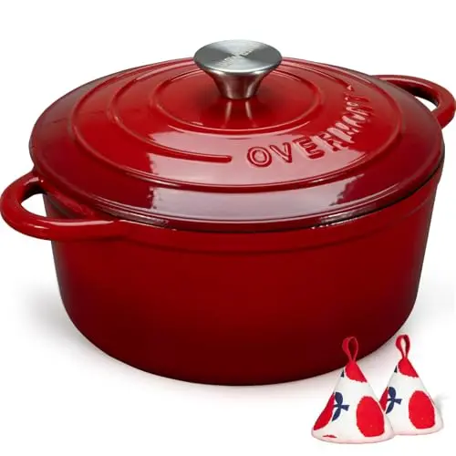 Overmont cherry red enameled cast iron Dutch oven