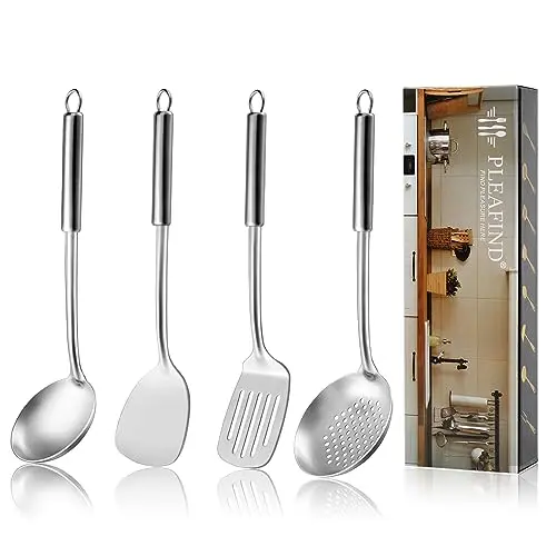 Pleafind 4-piece stainless steel wok utensils set with ladle and spatulas