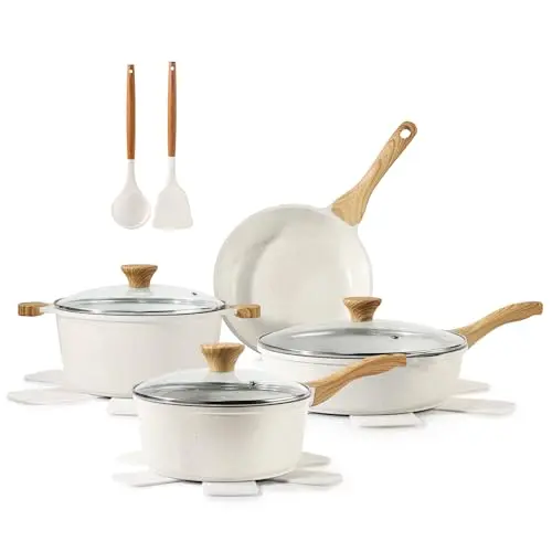 SENSARTE ceramic nonstick cookware set in white color