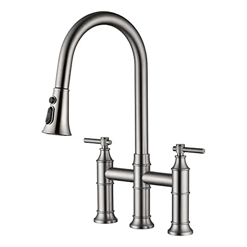 SUMERAIN brushed nickel bridge style kitchen faucet with pull-down sprayer