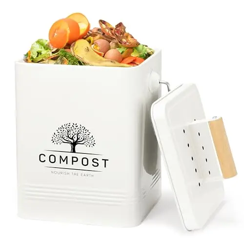 Perfnique cream white metal compost bin with farmhouse design