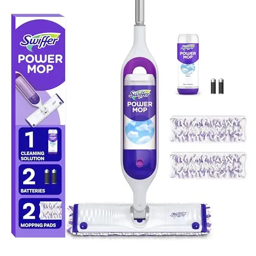 Swiffer PowerMop purple and white electric mop with scrubbing pads