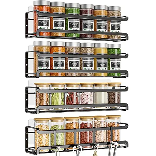 Black wall-mounted spice racks with guard rails