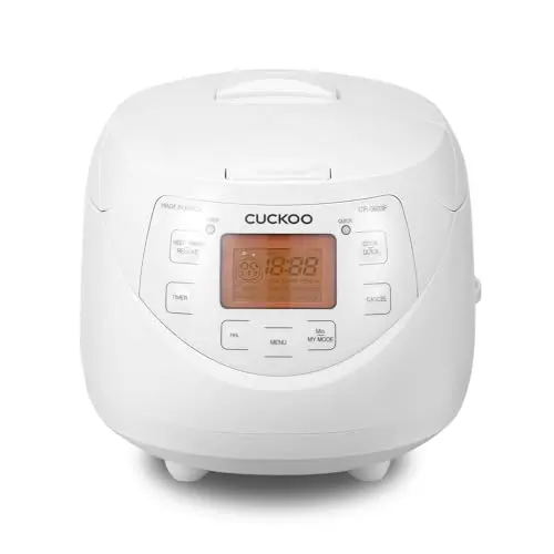 CUCKOO rice cooker with white exterior and digital display
