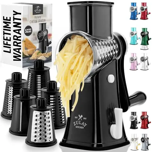 Zulay Kitchen black rotary cheese grater with five blades and storage box