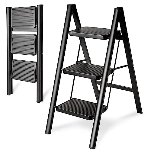 Double Elite 3-step steel ladder in black with triangular frame