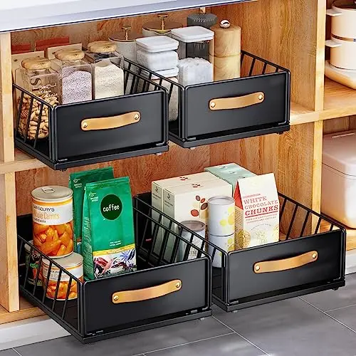 Black pull-out mesh cabinet organizer with adhesive installation