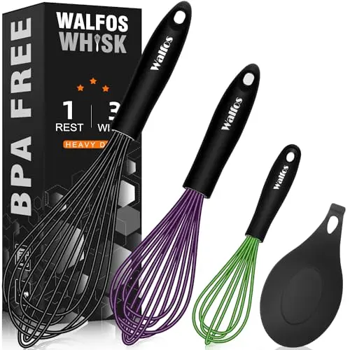 Walfos silicone whisk set with four colorful whisks and counter rest