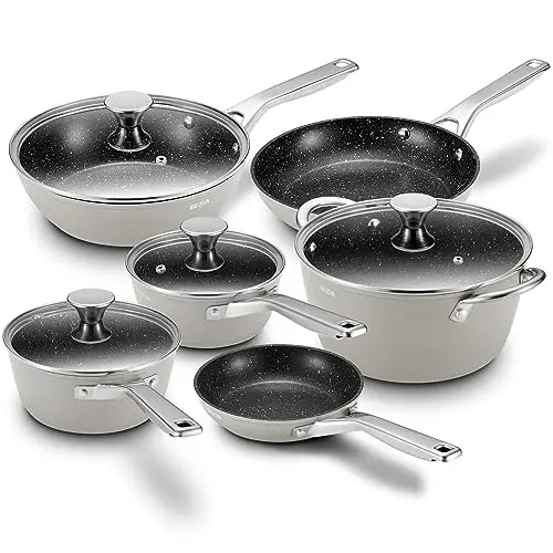 BEZIA nonstick induction cookware set in gray with stainless steel handles