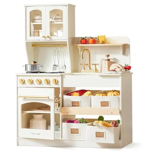 Tiny Land play kitchen with storage system and sage green color