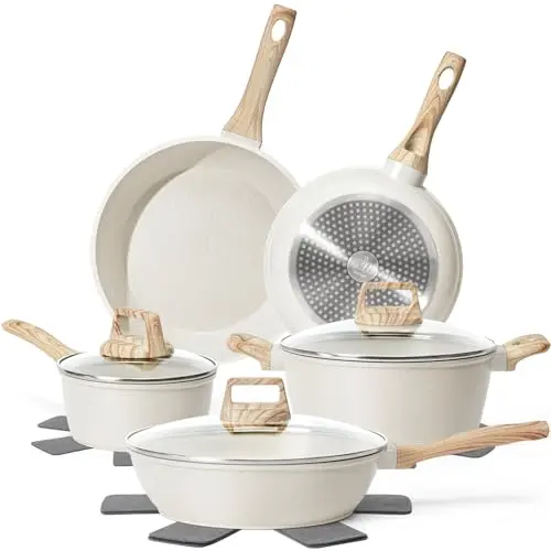 SODAY white granite non-stick cookware set on gas burner