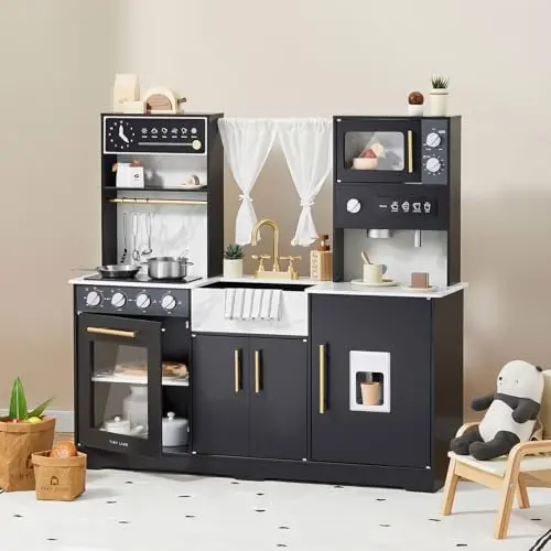 Tiny Land Modern Wooden Play Kitchen with coffee station and interactive features