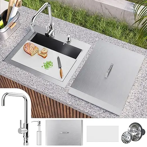TECASA outdoor workstation sink with dust lid and faucet