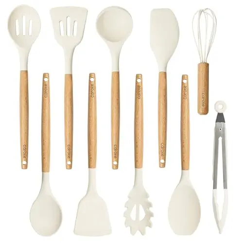 CAROTE silicone cooking utensils set with cream white wood handles