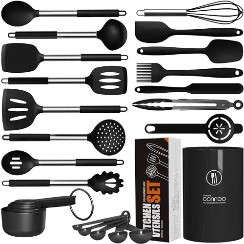 Oannao large silicone cooking utensils set with stainless steel handles