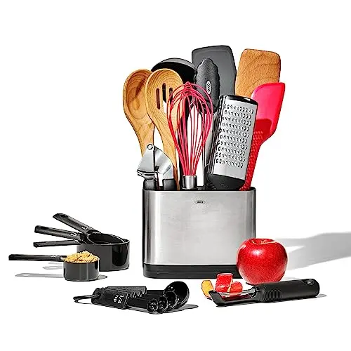 OXO Good Grips 20-piece kitchen utensil set with comfortable handles and measuring tools