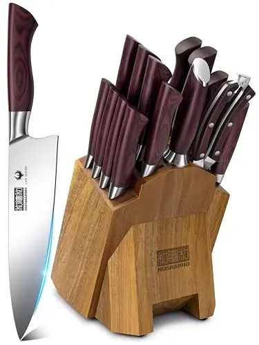 HOSHANHO 18-piece kitchen knife set with acacia wood block