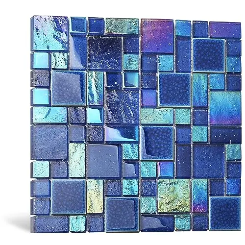 Blujellyfish iridescent blue glass mosaic tiles with french pattern