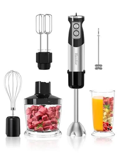 Handor 6-in-1 hand immersion blender with multiple attachments including chopper and whisk