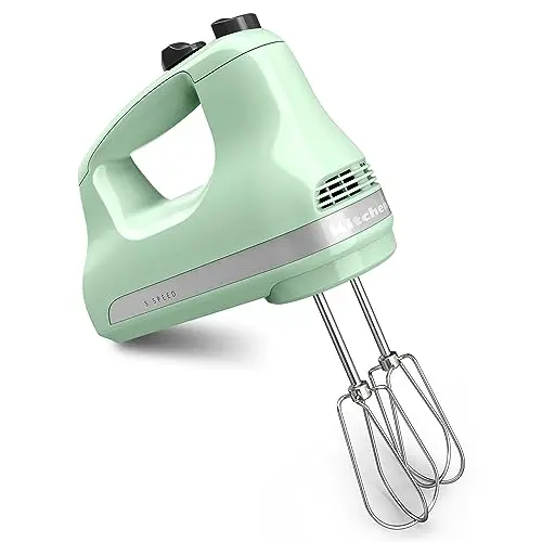 KitchenAid 5-speed hand mixer in pistachio color with turbo beaters
