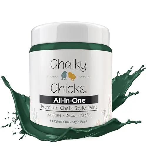 Chalky Chicks matte chalk paint in shamrock dark green on kitchen cabinet surface