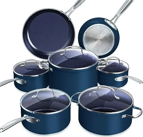 Nuwave ceramic nonstick cookware set in deep blue color