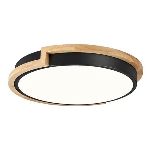 Peblto matte black flush mount LED ceiling light with wood accent ring