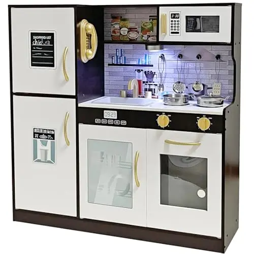 Compact wooden play kitchen with light feature and storage space