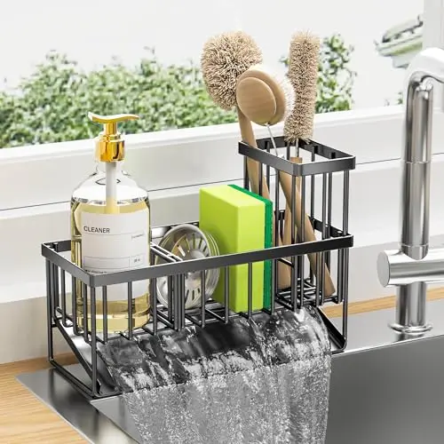 Cisily kitchen sink caddy with automatic drainage and brush holder