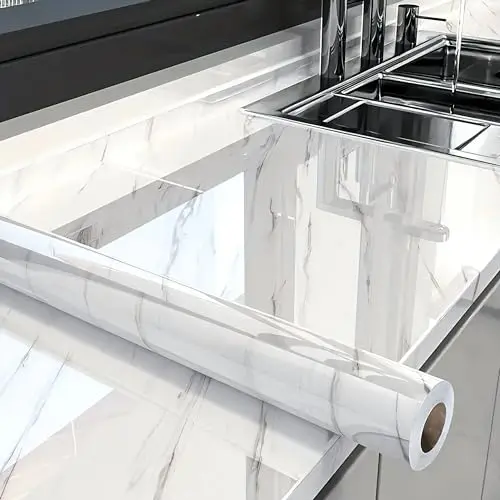 White glossy marble contact paper for cabinets and bathrooms